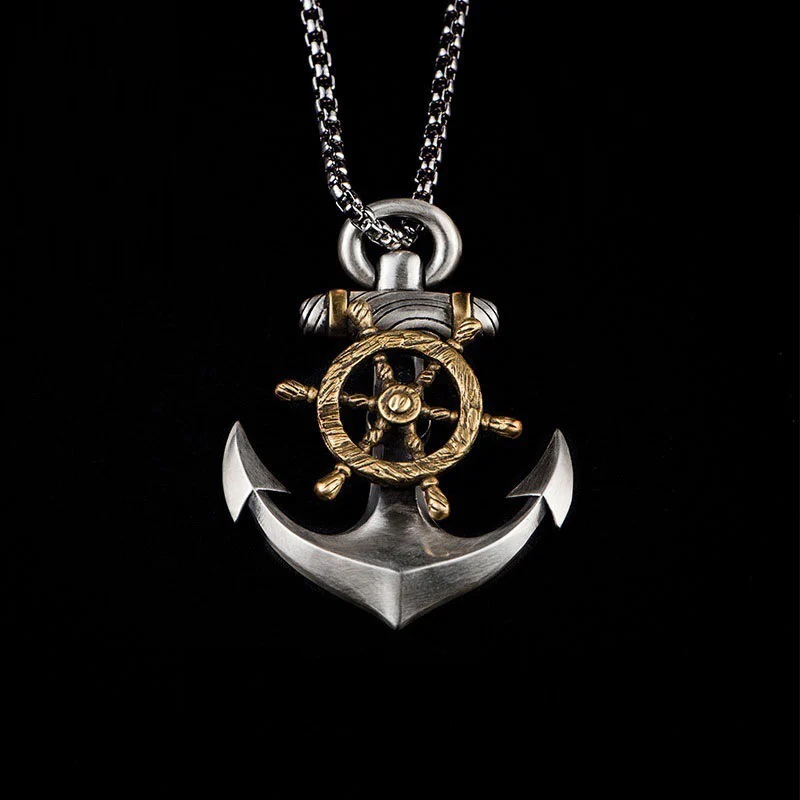 Creative Design 925 Silver Anchor Necklace Hip Hop Style Men's Compass Rudder Rotatable Pendant Fine Simple Jewelry Accessories