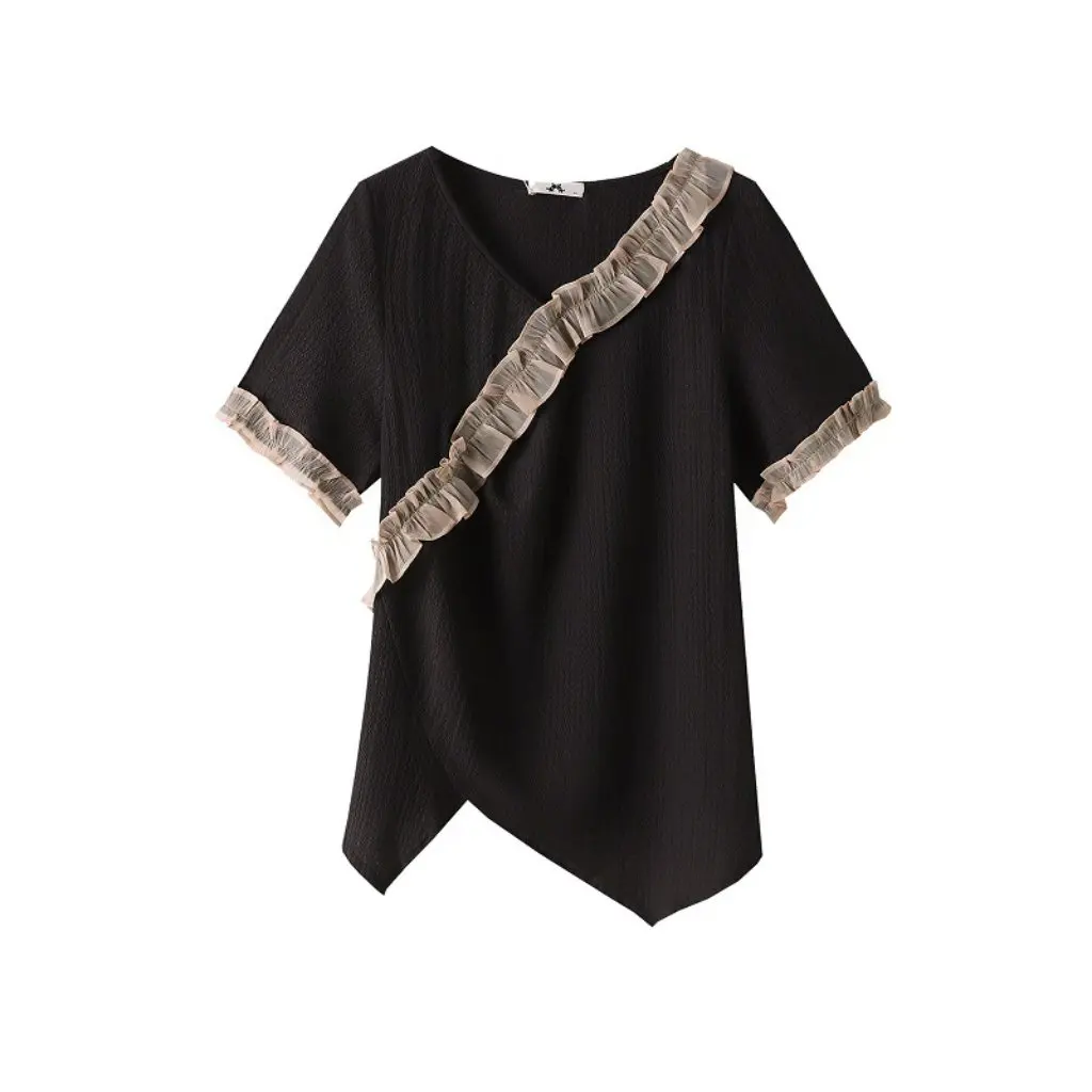 

Женская футболка с короткими рукавами нестандартного дизайна больших размеров, топ в стиле ретро с деревянными ушками в китайском стиле для полных девочек, летняя мода