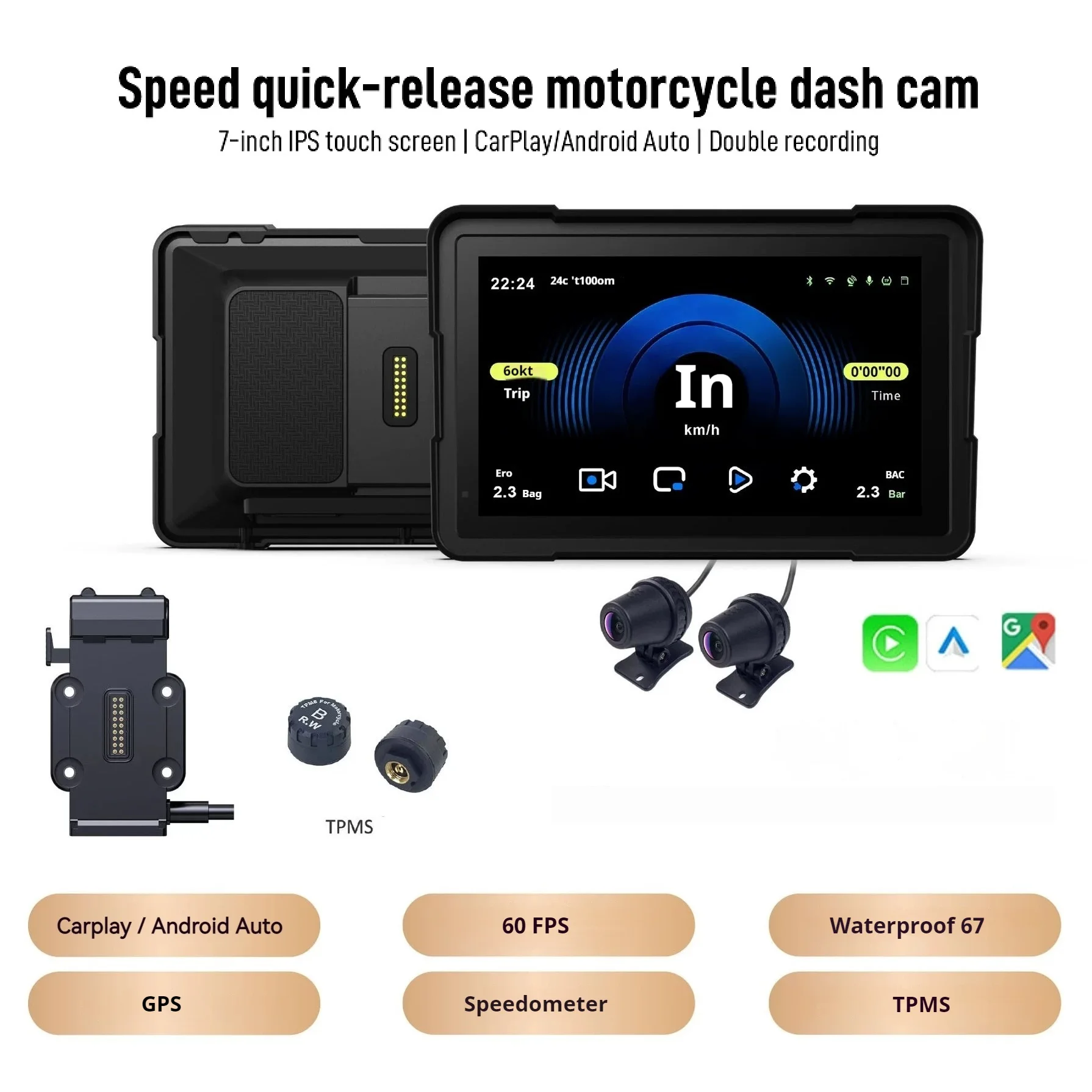 F98C 7'' IP68 Waterproof Motorcycle GPS Navigation | Wireless CarPlay Android Auto Quick Release Design TMPS GPS Tracking