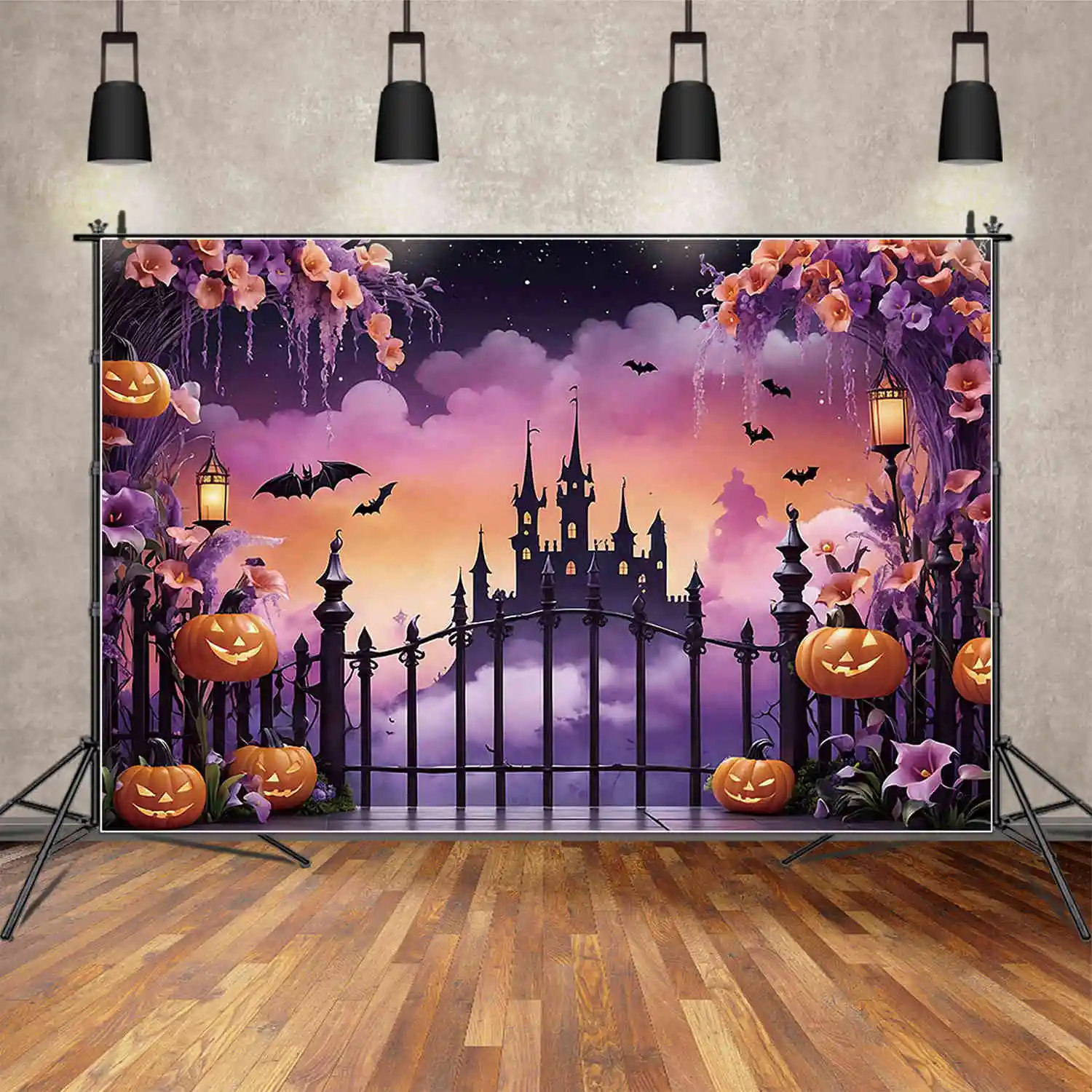 MOON.QG Halloween Flower Fence Backdrop Photography Children Party Studio Background Pumpkin Castle Photocall Back Drop Supplier