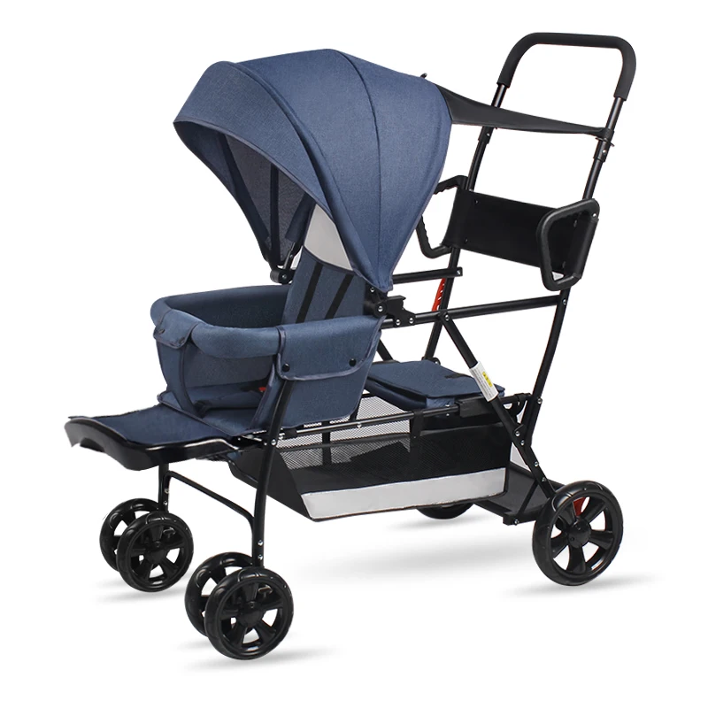 Twin strollers of the same size for babies. Two person strollers sit in front and back. Second child strollers