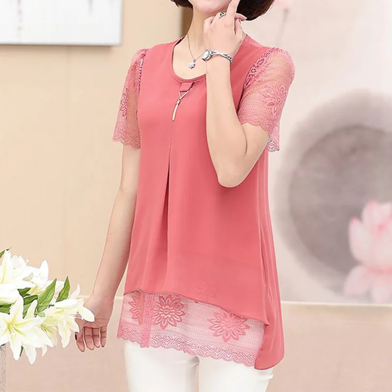 Summer New Mom\'s Loose Fit Chiffon Lace Lace Short Sleeves T-Shirt Simplicity Round Neck Solid Chain Mid Length Version Tops