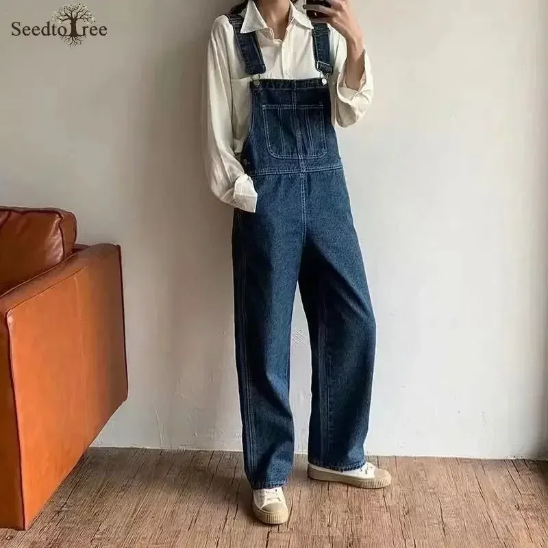 Korean Fashion Women\'s Jeans Men\'s Overalls Loose Straight Denim Jumpsuit Suspenders Pants Safari Style Cargo Pants