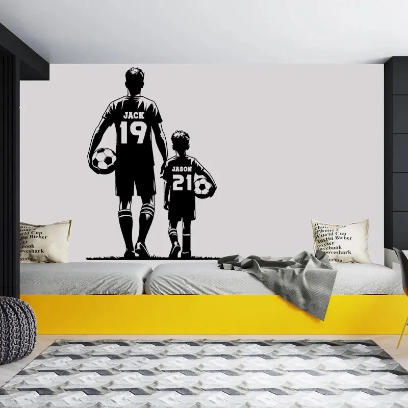 Personalized Name & Number, Father with Son Soccer Wall Sticker Football Player Decals Home Decor Kids Room Boys Bedroom Z636
