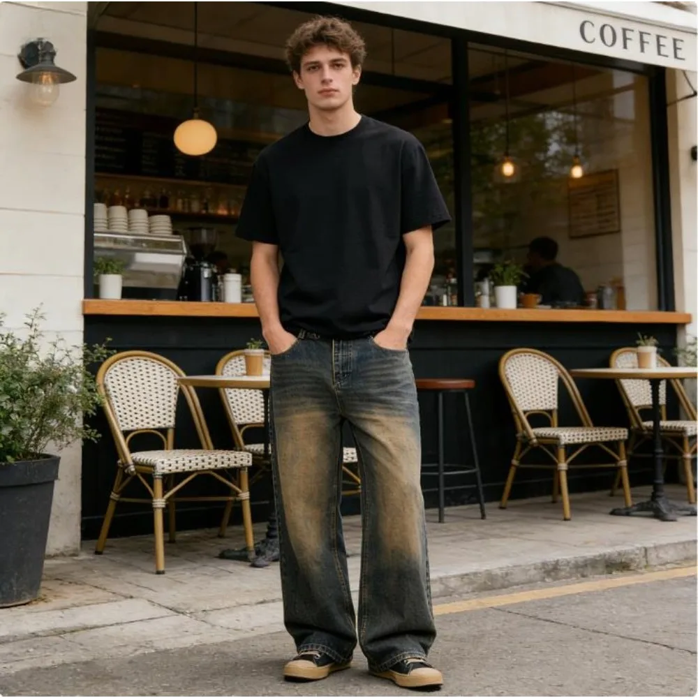 

Autumn Vintage Distressed Men's Baggy Straight Jeans Fashion Korean High Street Denim Pants Streetwear Male Trousers Old Color