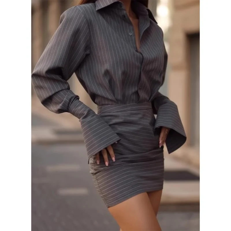 Fashion Women Striped Two Piece Office Set Smart Collar Blouse And Fitted Mini Skirt For Professional Work Meetings Daily Style