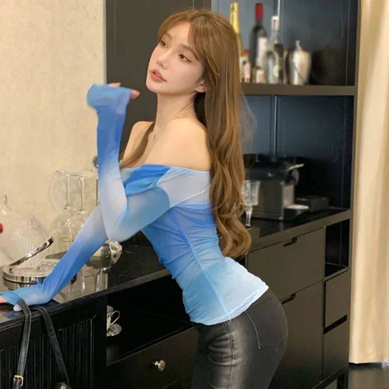 المرأة مثير المحاصيل تي شيرت الكشكشة شبكة المرقعة كم طويل بلايز الكورية نمط سليم بلوزة سيدة الخريف قبالة الكتف القمم #5