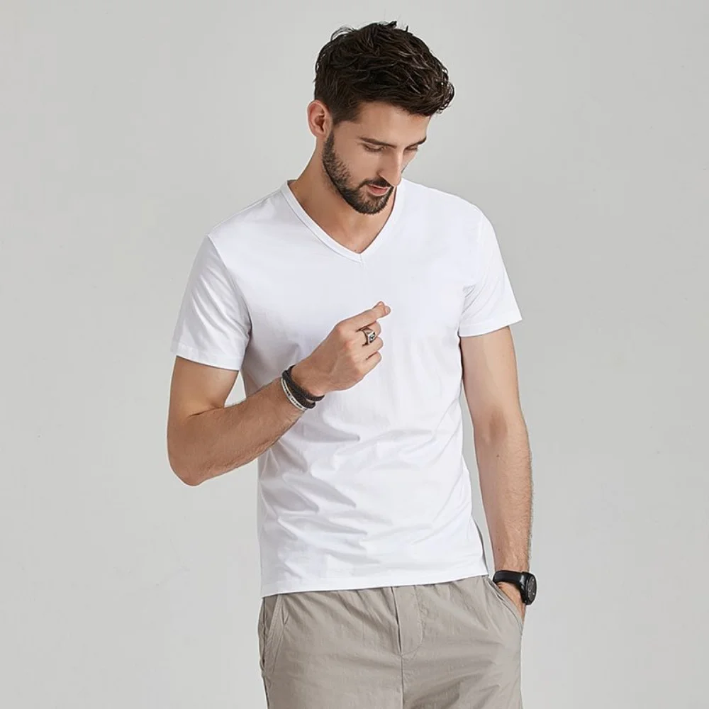 Summer Fashion Luxury Brand T-Shirts for Men with V-Neck Short Sleeves and Ice Silk Modal Fabric Gym Golf Clothing Men Tops