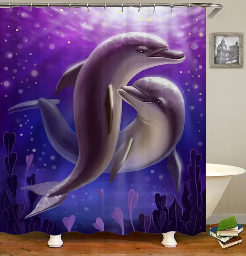 Ocean Shower Curtain Liner Sea Theme with Hooks, Washable Dolphin, Waterproof, Bathroom Decor