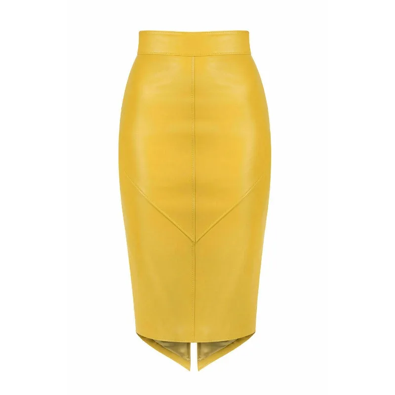 

Women's Yellow Pure Party Wear Soft Elegant Skirt Genuine Lambskin Leather Skirt