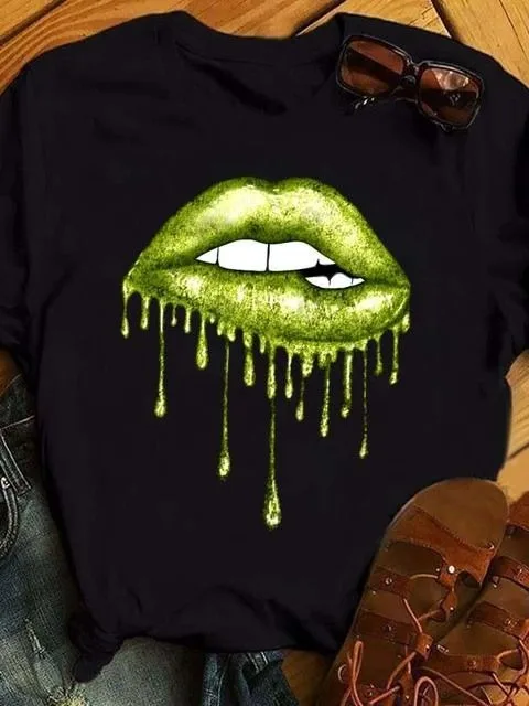 تي شيرت نسائي مطبوع عليه شفاه لامعة، تي شيرت كاجوال بأكمام قصيرة بنمط الفهد مع تصميم جرافيك عصري للارتداء اليومي #4