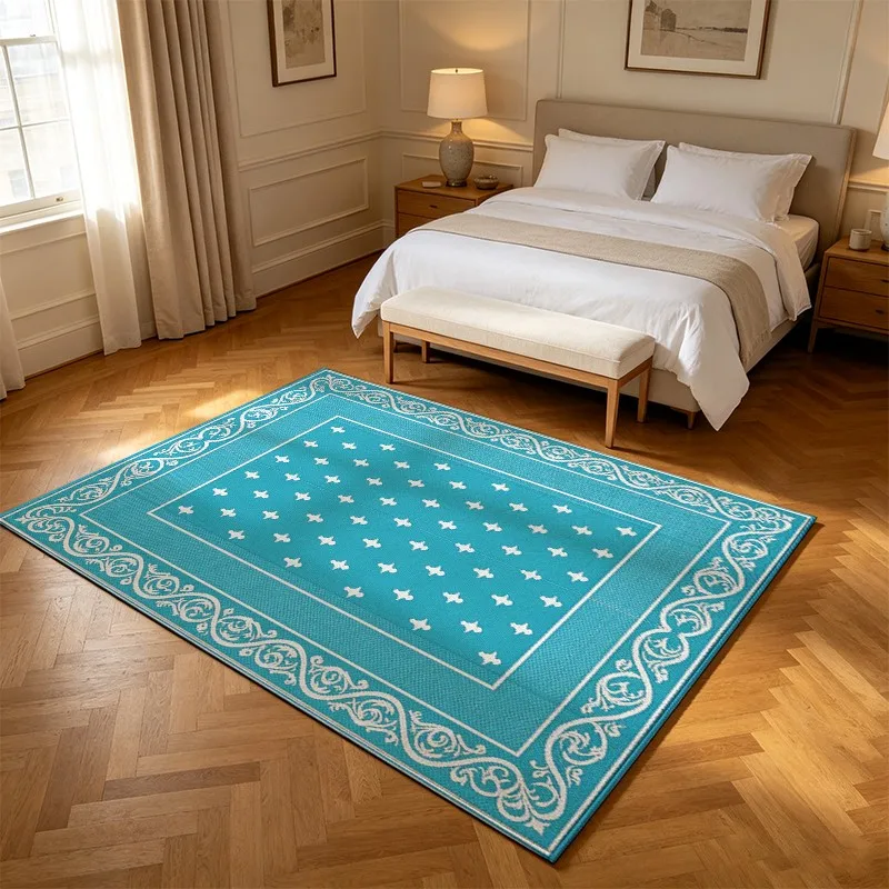1 Piece Turquoise Scroll Border Geometric Cross Pattern Carpet, Soft Comfortable, All Season, lightweight Easy Care, Home Decor, Living Room, Bedroom, Dining Room, Autumn, Winter
