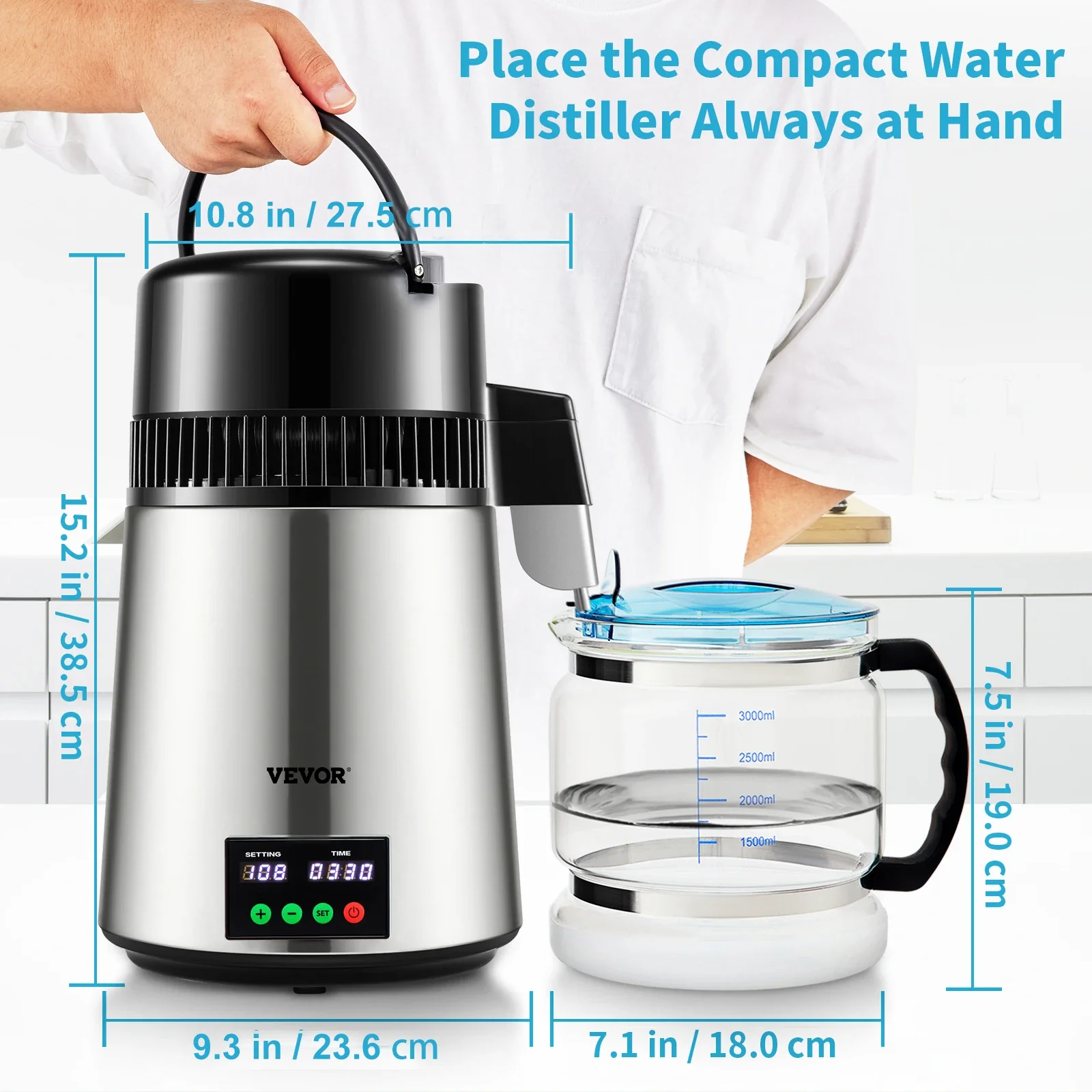 VEVOR  Water Distiller Purifier Filter 4L 1 L/H Distilling Speed Dispenser Drinking Bottle Softener Touch Screen Home Appliance