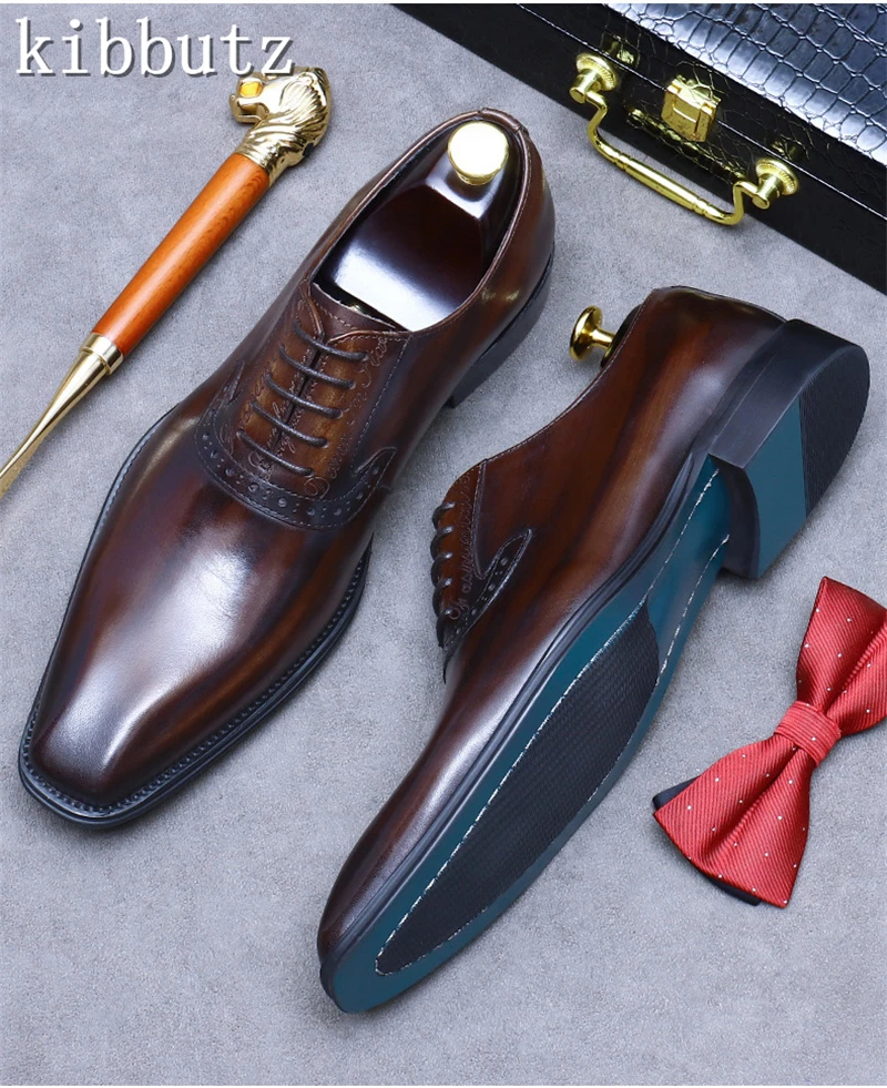 Luxury Brand Men\'s Formal Shoes Genuine Leather Handmade Vintage Design Oxford Full Grain Real Leather Male Office Shoes