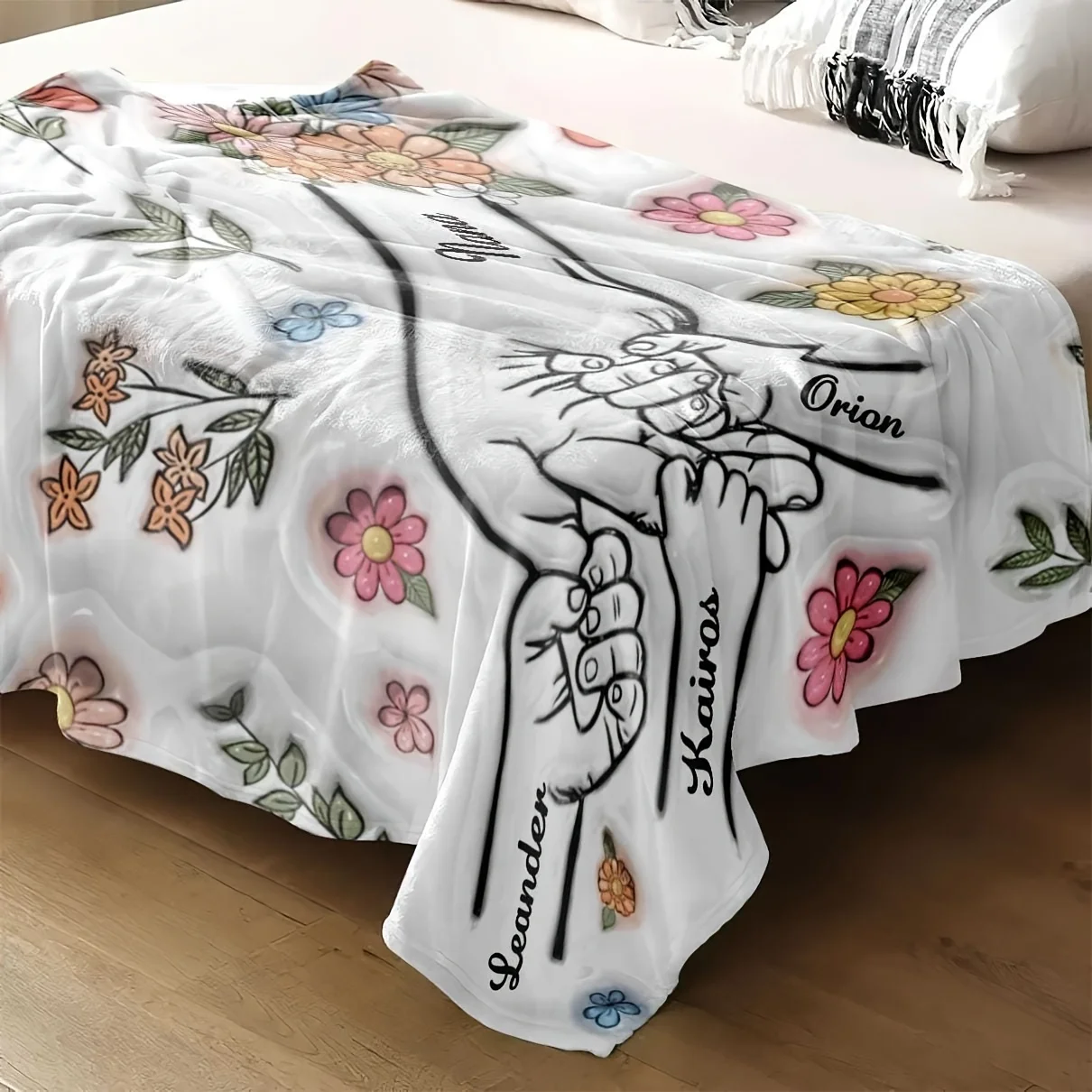 Personalized Mom And Child Hands Blanket Floral Design Love Gesture Custom Name Soft Fleece Throw Gift For Mother