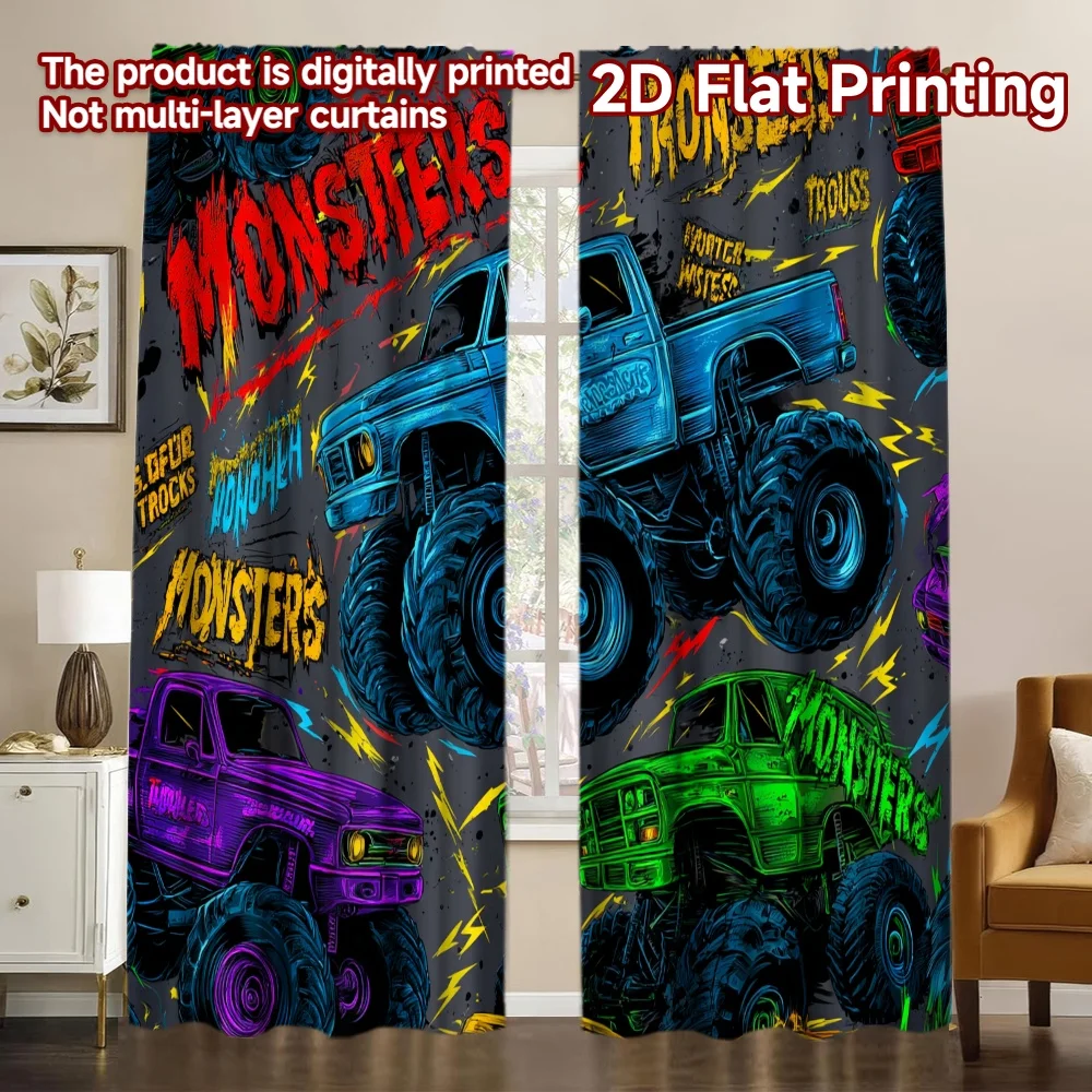 Cortinas con Estampado Plano 2D (Decoración de Pascua) Diseño de Monster Trucks, Cortinas y Telas Elegantes, Perfectas para la Cacería de Huevos de Pascua