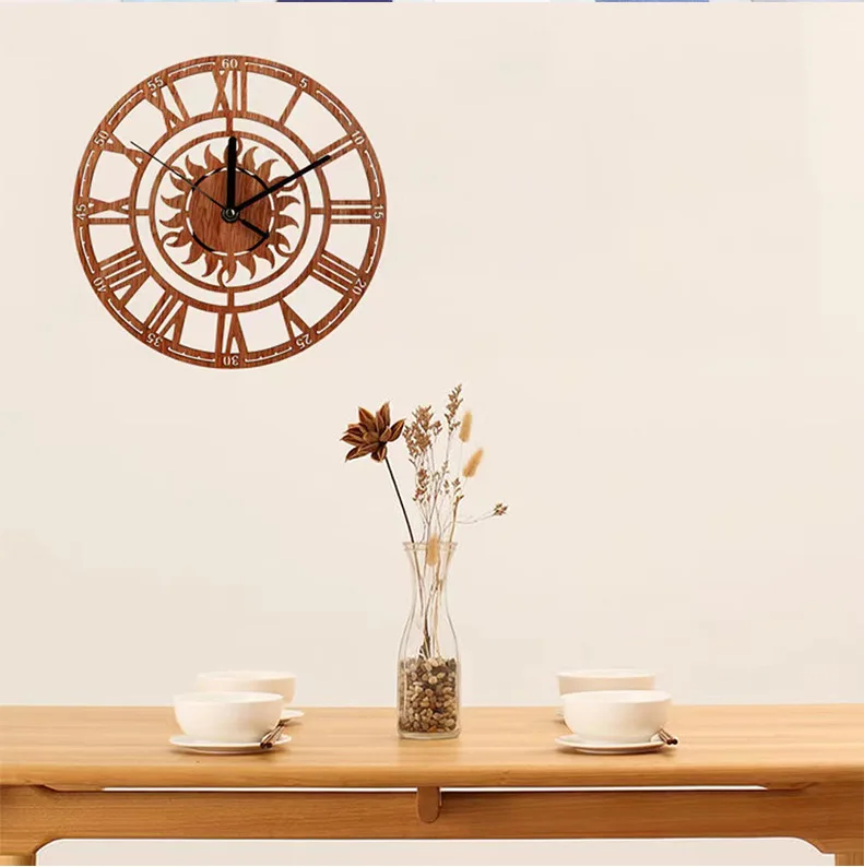 Circular Sun Roman Digital Wall Clock, Creative Wooden Tree, Bedroom Clock