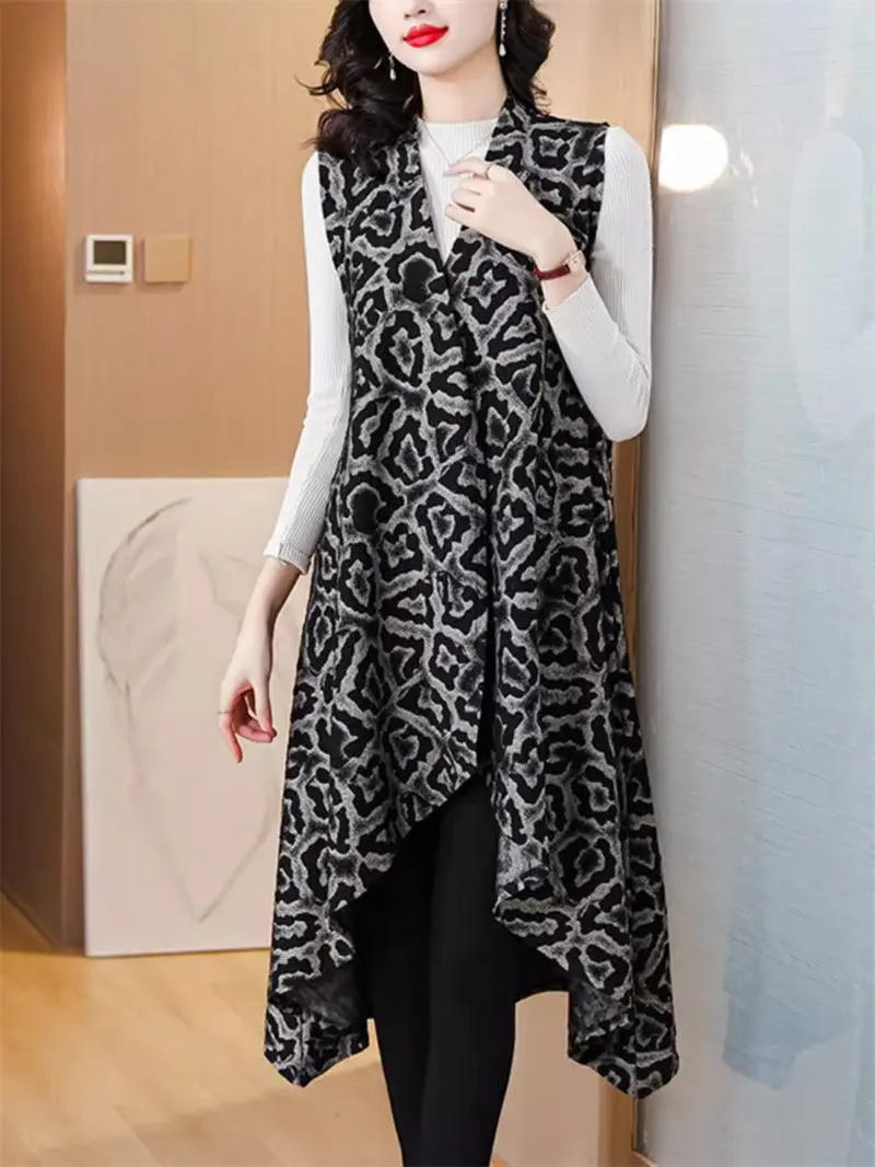 Oversized Women's Sweater Vest Jacket 2023 Autumn/Winter New Lady's Fashionable Mid Length Printed Knitted Cardigan Coat Z3589