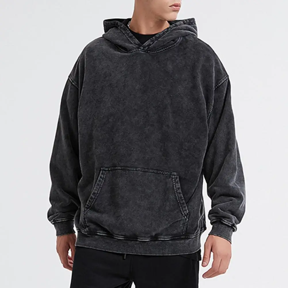 Hooded Hoodie Vintage Unisex Hop Streetwear Pullover Thick Loose Hoodie with Big Patch Pocket for Men Women Washed Craft Hoodie