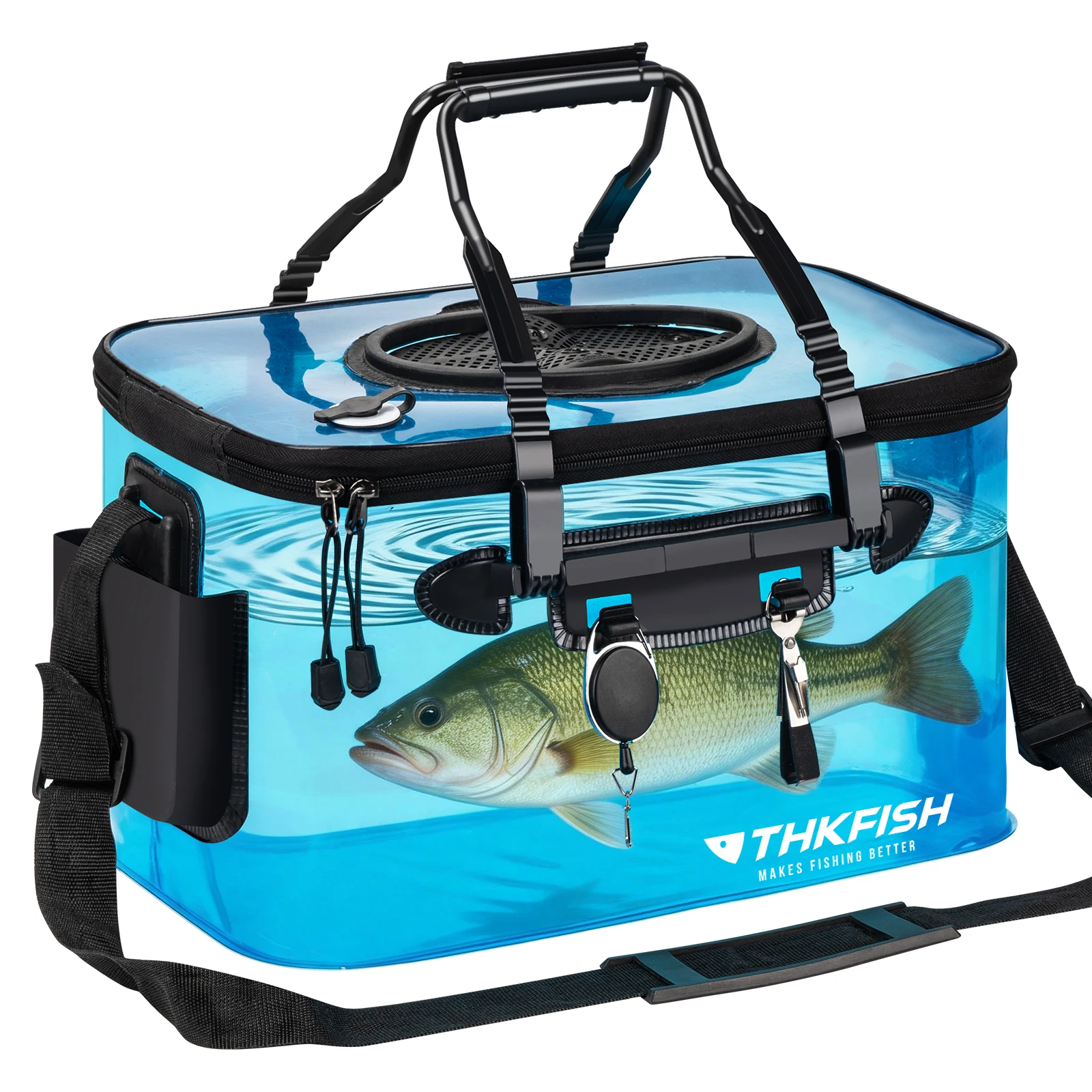 

Fishing Bucket Foldable Live Fish Bucket with Net Cover Large Capacity Water Buckets with Handbar EVA Transparent Water Tank