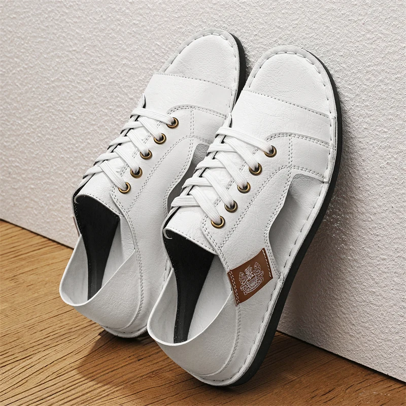 2026 Fashion Men Casual Leather Shoes Open Toe Fish Mouth Breathable Soft Sole Anti Slip Beach Sandals Outdoor Comfort Footwear
