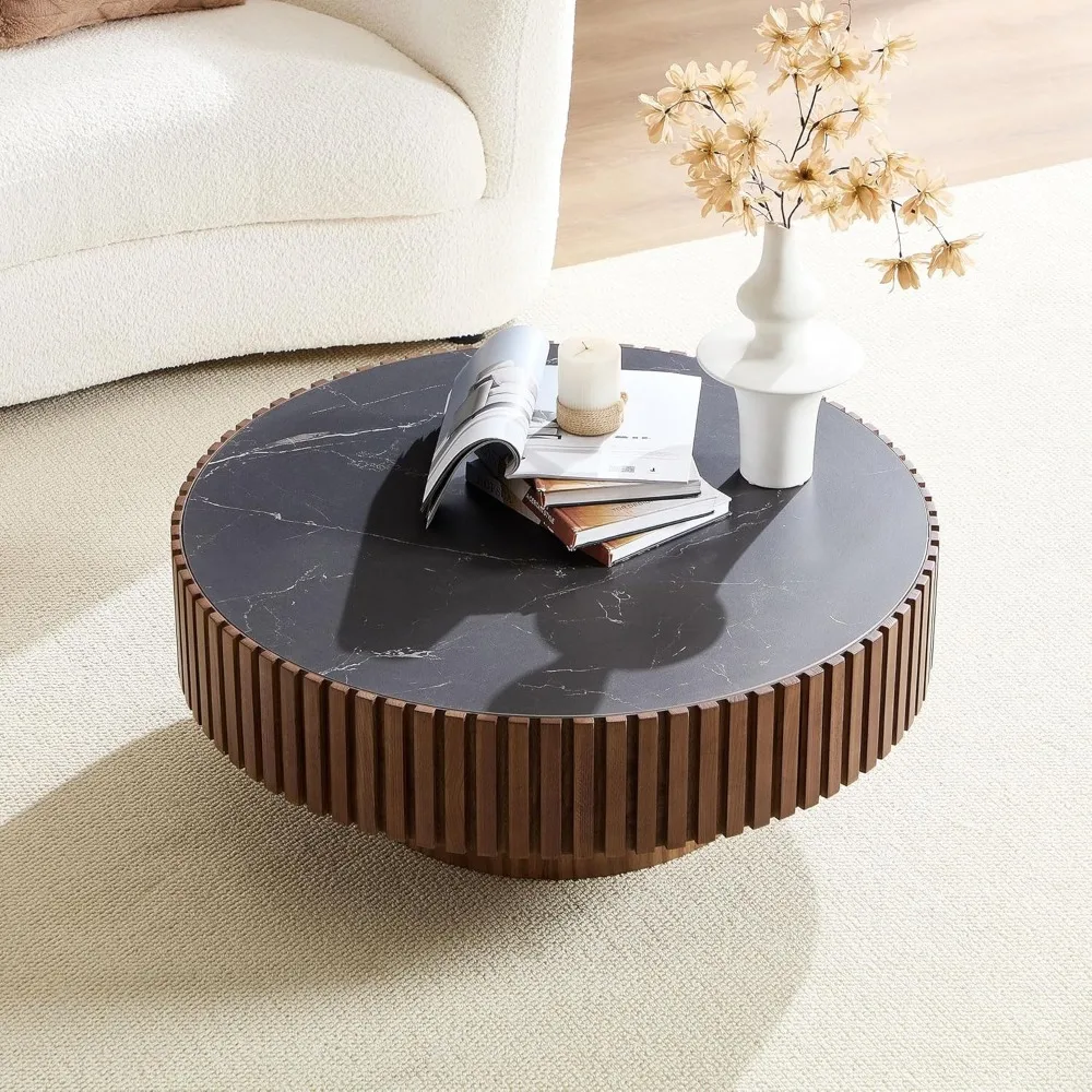 Round Coffee Table 35.43" Wood CoffeeTable with Sintered Stone Tabletop for Living Room Circle CoffeeTableModern Farmhouse Cente