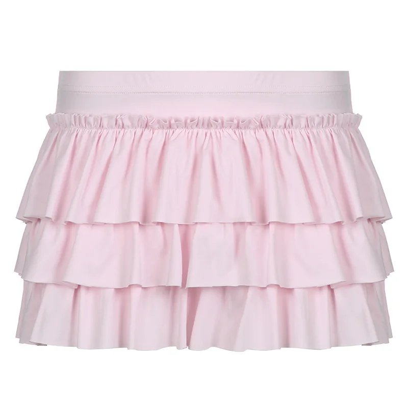 Minifalda de cintura baja estilo Lolita Kawaii, falda de múltiples capas con volantes escalonados, lazo trasero rosa, estilo japonés dulce