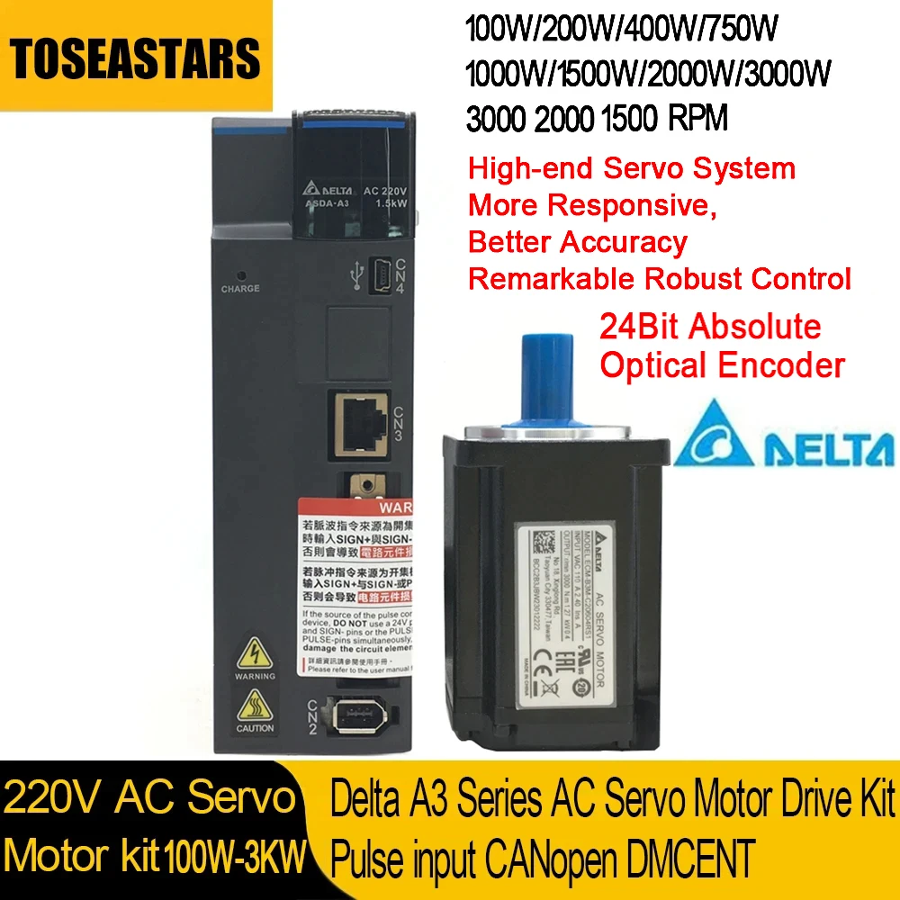 Delta A3 220V AC Servo Motor Driver Kit 24Bit Absolute Encoder 100W-3KW 40mm-180mm Flange Servo Motor Pulse Input CANopen DMCNET