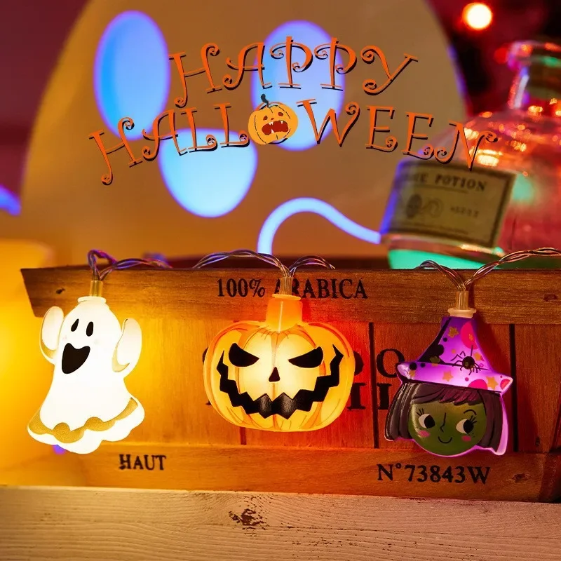 2024 pesta Halloween lampu tali LED hantu labu kucing laba-laba dekorasi Web lampu malam Halloween dalam ruangan luar ruangan dekorasi alat peraga