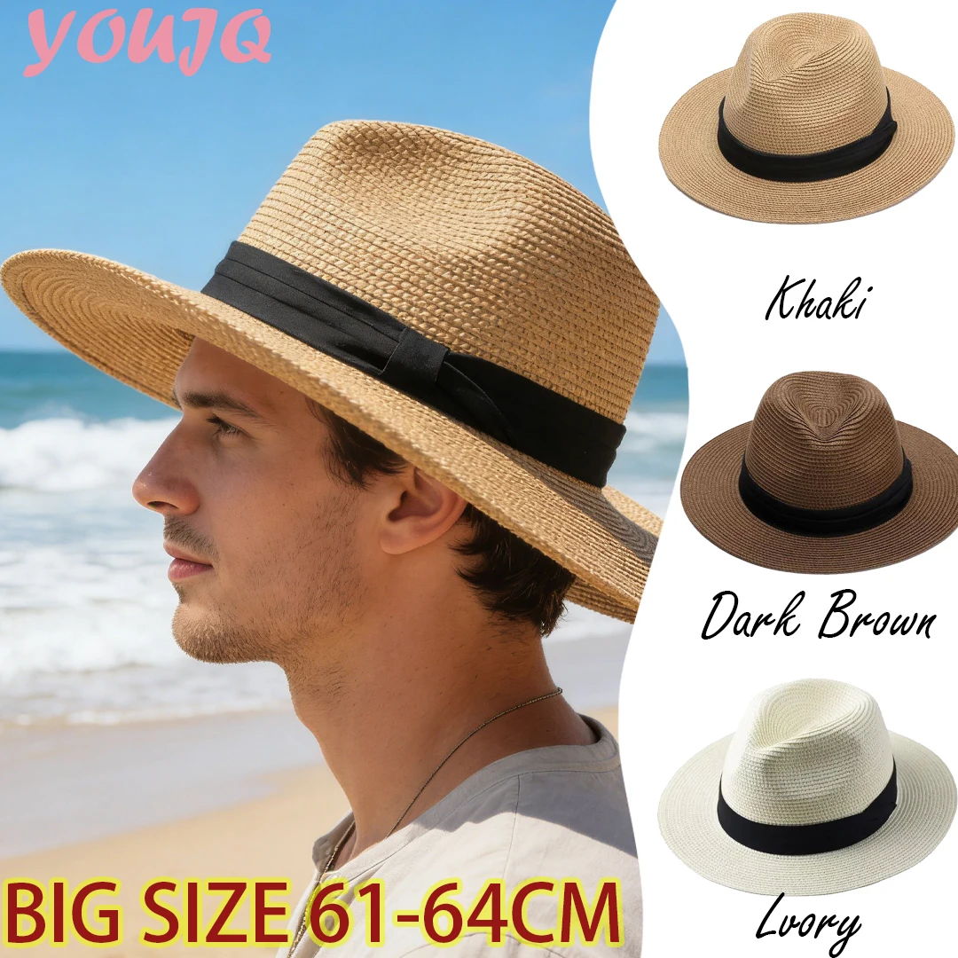 Summer Oversize 64cm Classic Sun Hats for Men Women Panama Hats Couple Wide Brim Beach Straw Cap Big Head Plus Size Fedora Hat