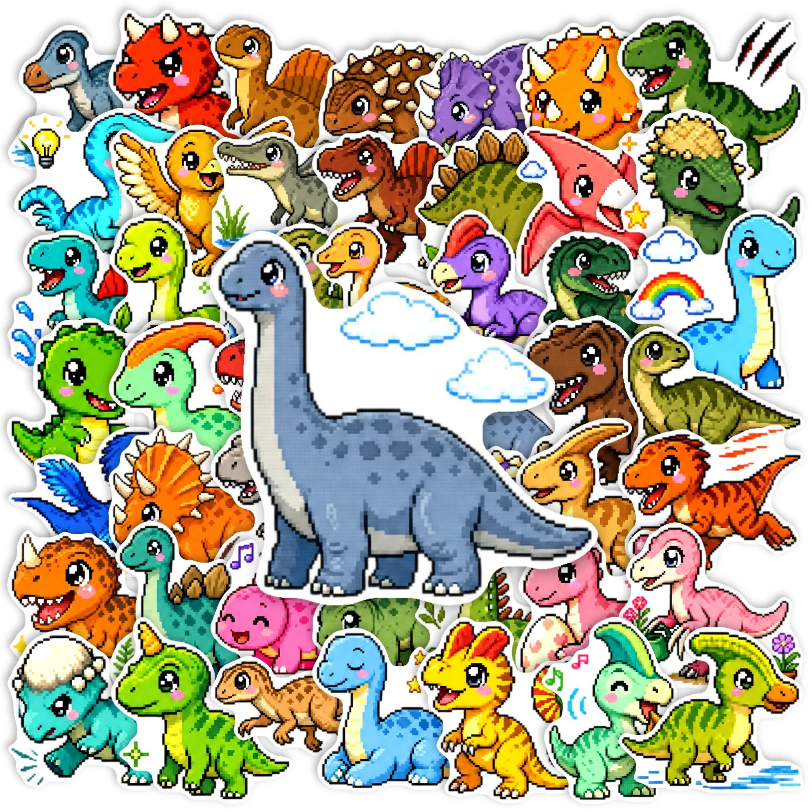 50 Pcs Pixel Cartoon Dinosaur Stickers Set Colorful Triceratops Kids Reward Waterproof Fun Educational Toy