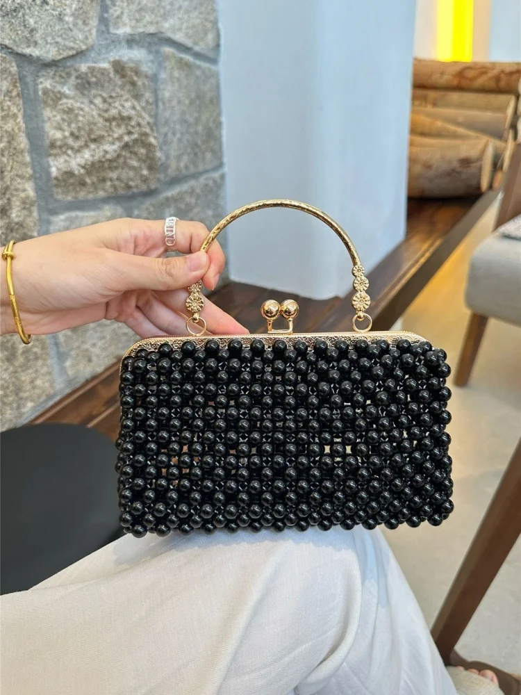 

High Texture Handmade Beaded Women's Handbag Black Exquisite Bucket Bag Slanted Back Clip Bag Metal Top-Handle Party Banquet Bag