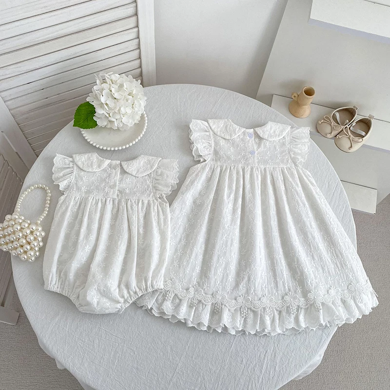 2026 Neuer Sommer 0-24M Baby Mädchen Kurzarm Baumwolle Weißer Strampler 2-6 Jahre Kinder Prinzessin Süßes Stickerei-Kleid Schwesterkleid – Detail 27