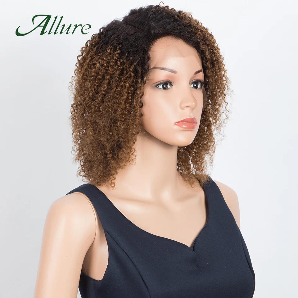 

Brazilian Kinky Curly Human Hair Lace Wigs For Black Women 12 inch Honey Brown Colored Hair Wigs Preplucked 180% Density Allure