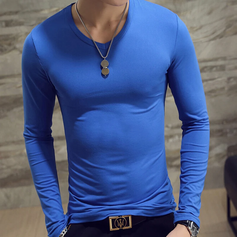 Elastic Mens T-Shirt O-Neck Round Neck Long Sleeve Men T-Shirt For Male Lycra T-Shirts Man Clothing