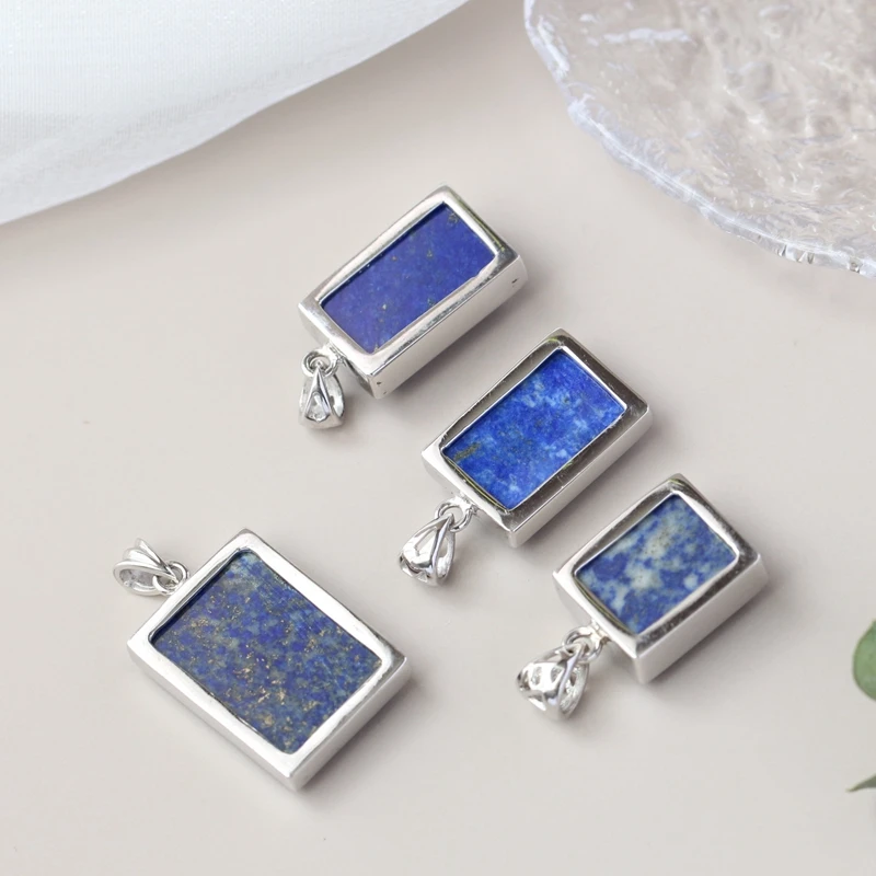 Authentic 925 Sterling Silver Pendant Inlaid Natural Lapis Rectangular Pendant Each Piece Being A Unique Image Lady Jewelry Gift