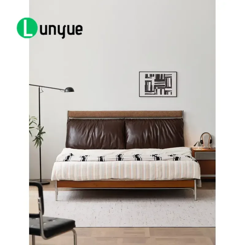 Luxury Italian Design Soft Bed Solid Wood Frame Leather Upholstered Headboard Standard Size Simple Modern Bedroom Furniture