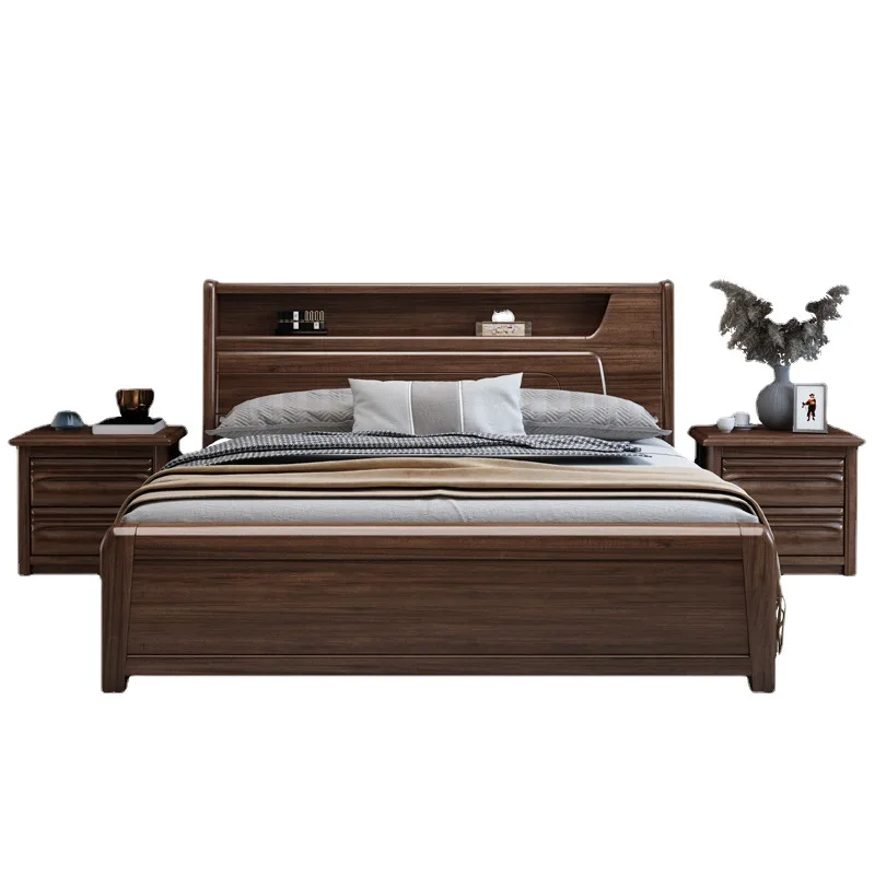

Walnut solid wood double bed modern simple new Chinese high box storage