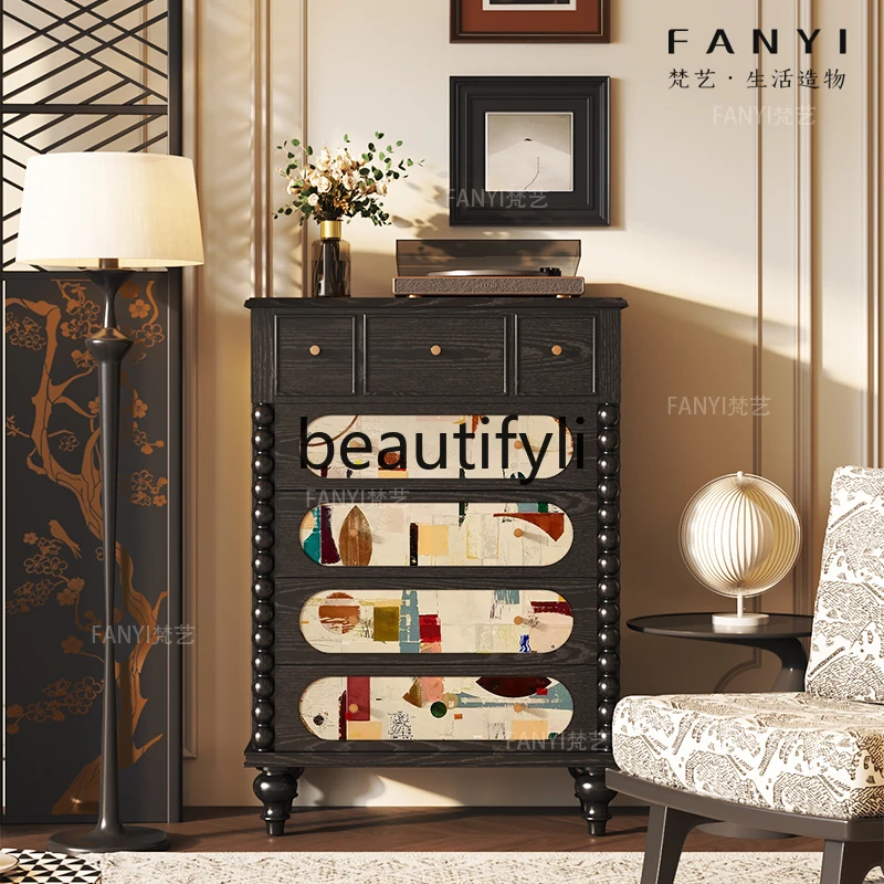 

French Minimalist Solid Wood Bedside Chest of Drawers Living Room Sofa Side Storage Integrated Cabinet