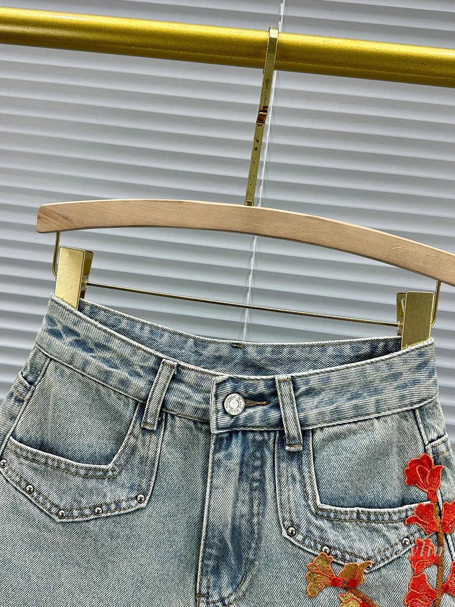 Flower Embroidered Flanging Denim Shorts for Women 2024 New Summer High Waist All-Matching Wide Leg A- Line Hot Pants Tide
