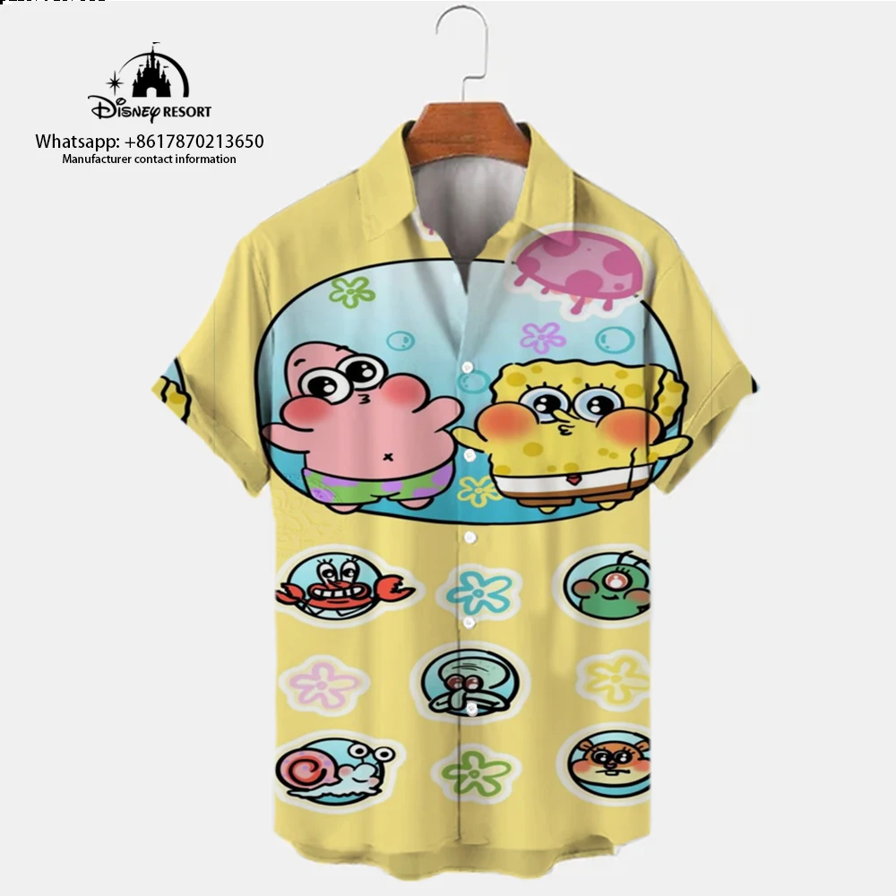 Fashion Harajuku Street SpongeBob SquarePants Anime New Summer Casual Shirt Trendy All-match Men's Lapel Short-sleeved Shirt