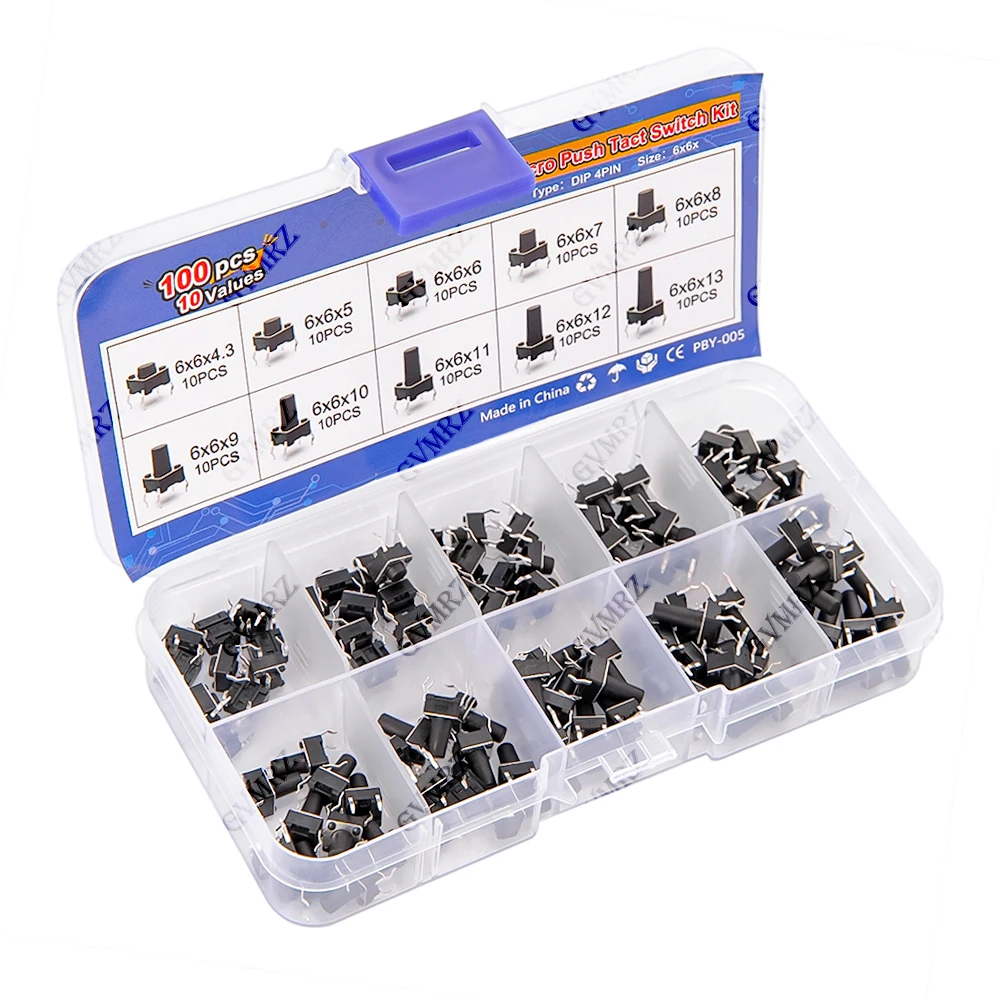 100PCS 10Values 6x6 DIP 4Pin Micro Push Tact Switch Kit for Electronics DIY Projecs 6x6x4.3/5/6/7/8/9/10/11/12/13
