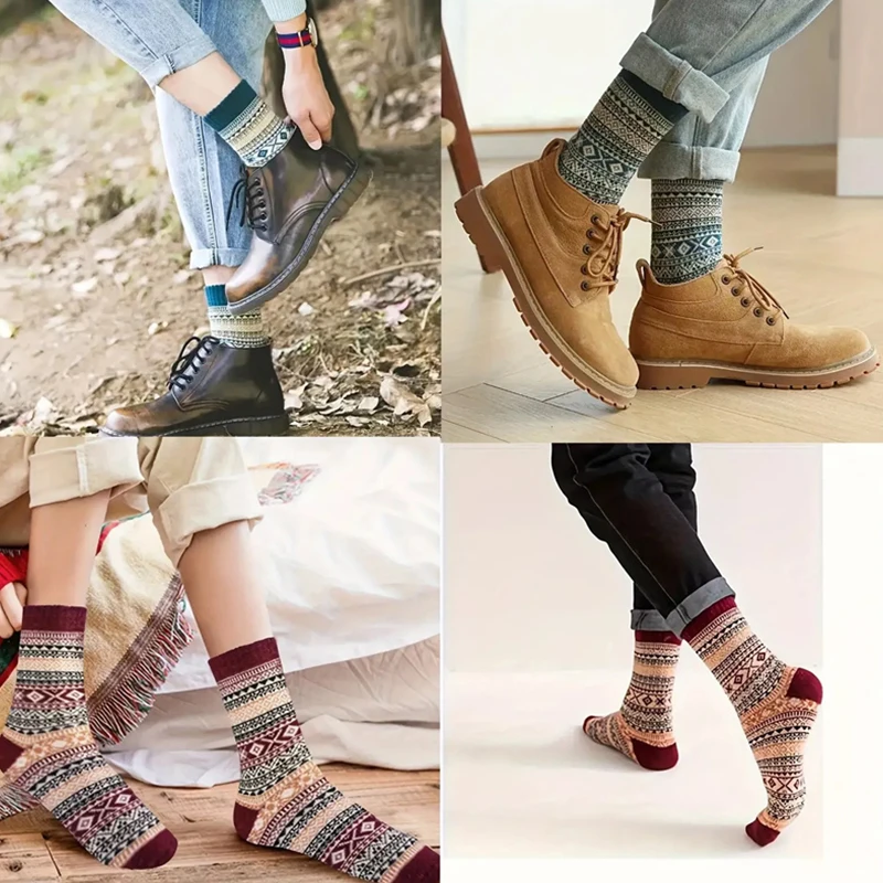 5 pares feminino listrado padrão meias de lã quente inverno meados de comprimento meias ultra grosso harajuku feminino anticongelante meias de caxemira