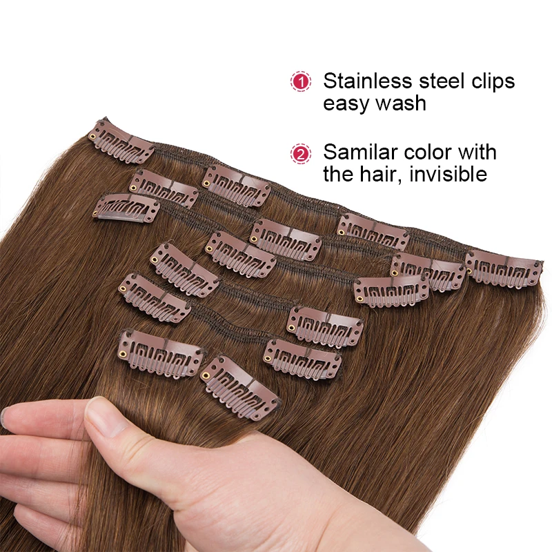 Seamless Clip In Hair Extension Human Hair Straight Brazilian Remy  Full Head 7Pc/Set 12-26\