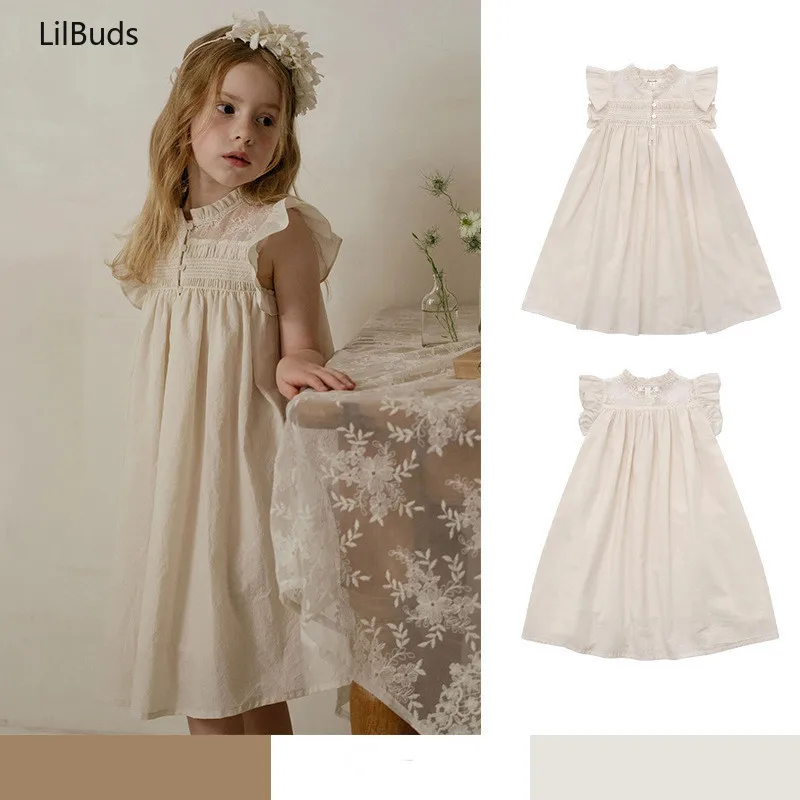 Cotton Hand-Embroidered Flying Sleeves Beige Clothes New Girls Handmade Smocking Dress Pure Birthday Prince Summer 2024