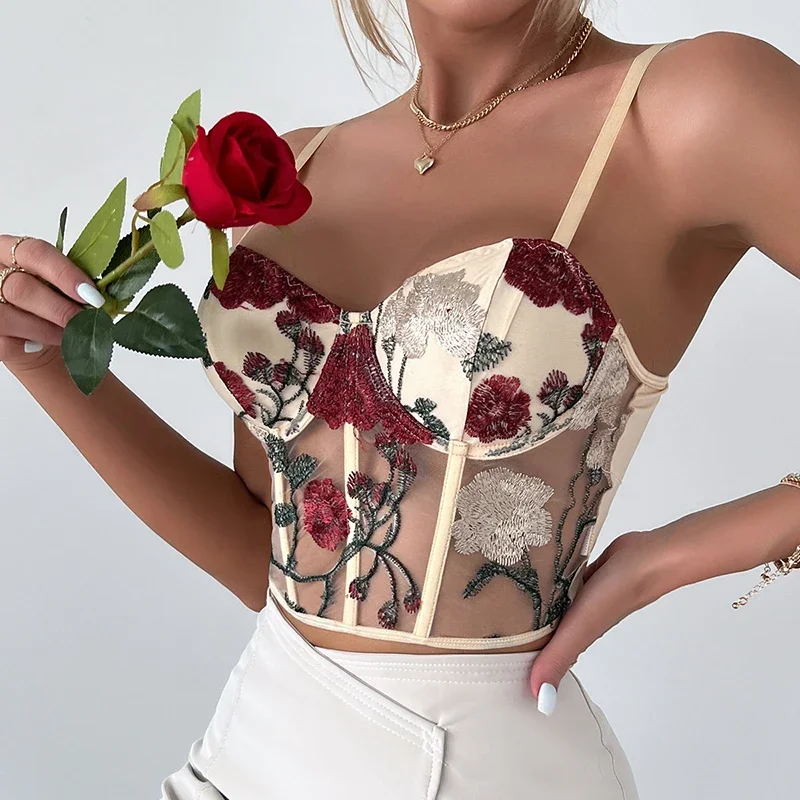 Women Mesh Hollow Out Sexy Crop Tops Flower Embroidery Sweet Tank Top Spaghetti Camis Streetwear Tube Top Spring Summer