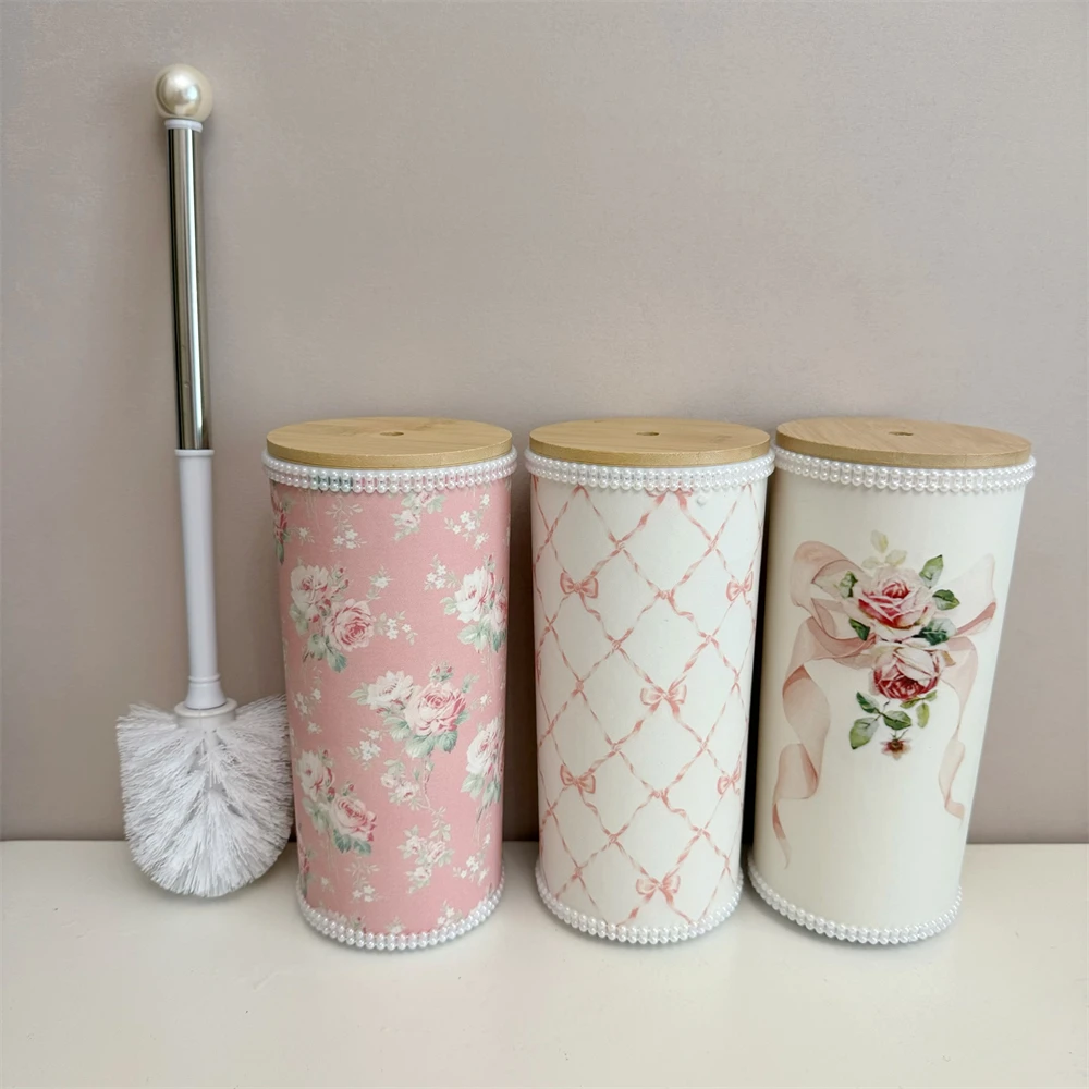 

European Style Toilet Brush Home Storage Bucket No Dead Angle Toilet Cleaning Punch-Free Long Handle Pink Rose Storage Bucket