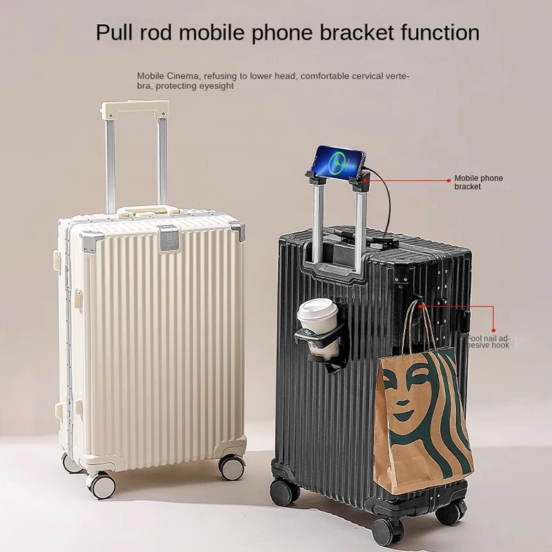 Multifunction Suitcase Aluminum Frame Luggage with USB Cup Holder Rolling Trolley Case 20/24/28 inch Cabin Carry-on Travel Bag