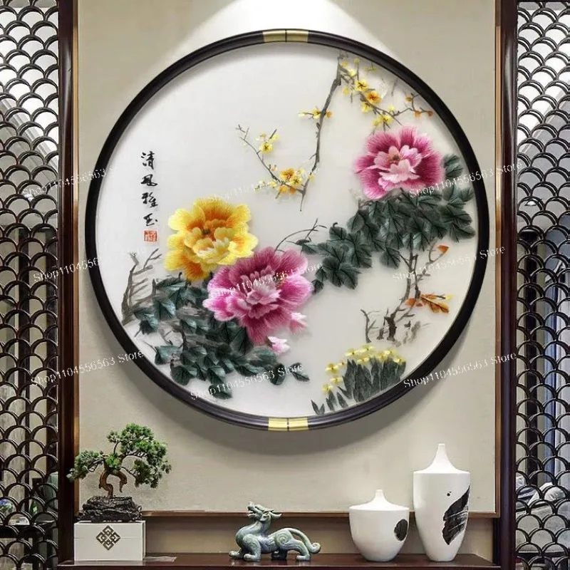 Round Decorative Painting New Chinese Style Entryway High-End Finished Suzhou Embroidery Wall Art Handmade Landscape Mural