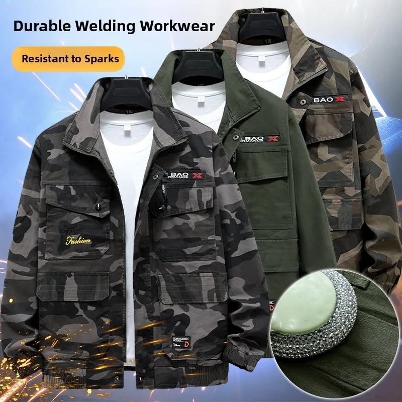 Thickened Pure Cotton Workwear Jacket Men's Long Sleeve Camouflage Work Uniform Anti-wear Heat-resistant Labor Protection Suit